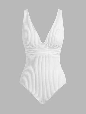 CUPSHE Women's One Piece Swimsuit Ribbed V Neck Bathing Suit | S WHITE